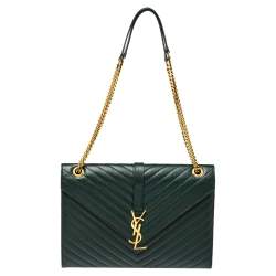 Pre Owned Saint Laurent Green Matelasse Leather Large Cassandre Flap Bag