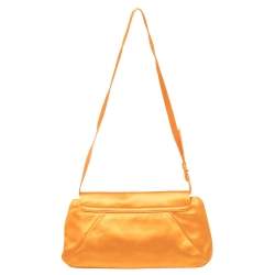 Pre Owned Yves Saint Laurent Orange Satin Horn Embellished Flap Shoulder Bag