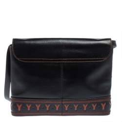 مملوكة مسبقًا حقيبة كتف ايف سان لوران فينتدج حرف شعار الماركة جلد بني وأسود