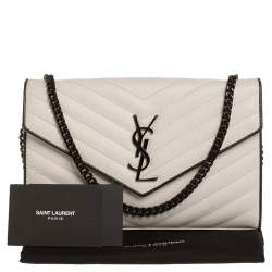 Pre Owned Saint Laurent White/Black Matelasse Leather Monogram Envelope Wallet on Chain