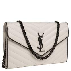 Pre Owned Saint Laurent White/Black Matelasse Leather Monogram Envelope Wallet on Chain