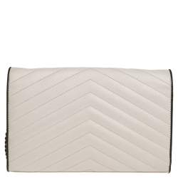 Pre Owned Saint Laurent White/Black Matelasse Leather Monogram Envelope Wallet on Chain
