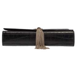 Pre Owned Saint Laurent Black Croc Embossed Leather Medium Kate Tassel Shoulder Bag