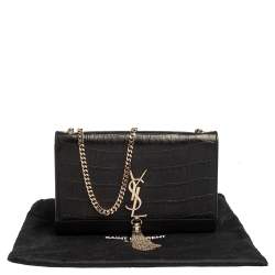 Pre Owned Saint Laurent Black Croc Embossed Leather Medium Kate Tassel Shoulder Bag