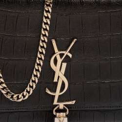 Pre Owned Saint Laurent Black Croc Embossed Leather Medium Kate Tassel Shoulder Bag