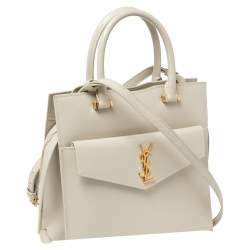 Pre Owned Saint Laurent Pearl White Leather Small Uptown Tote