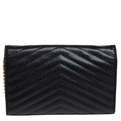 Pre Owned Saint Laurent Black Matelasse Leather Monogram Envelope Wallet on Chain