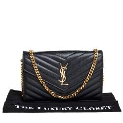 Pre Owned Saint Laurent Black Matelasse Leather Monogram Envelope Wallet on Chain