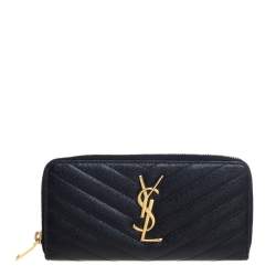 مملوكة مسبقًا Saint Laurent Black Matelassé Leather Monogram Zip Around Wallet