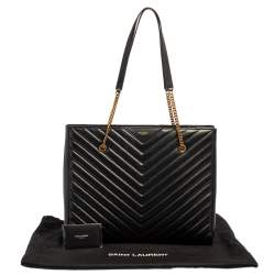 Pre Owned Saint Laurent Black Matelassé Leather Tribeca Chain Tote