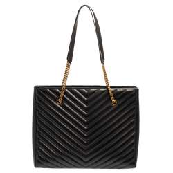 Pre Owned Saint Laurent Black Matelassé Leather Tribeca Chain Tote