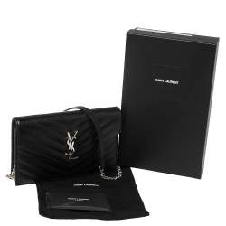 Pre Owned Saint Laurent Black Matelasse Leather Monogram Envelope Wallet on Chain