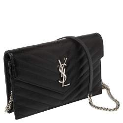 Pre Owned Saint Laurent Black Matelasse Leather Monogram Envelope Wallet on Chain