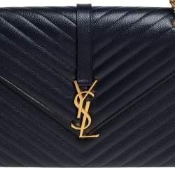 Pre Owned Saint Laurent Blue Chevron Quilted Leather Monogram Envelope Shoulder Bag