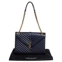 Pre Owned Saint Laurent Blue Chevron Quilted Leather Monogram Envelope Shoulder Bag