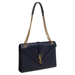 Pre Owned Saint Laurent Blue Chevron Quilted Leather Monogram Envelope Shoulder Bag