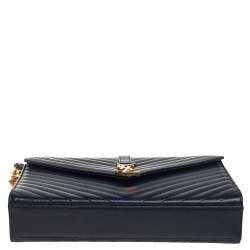 Pre Owned Saint Laurent Blue Chevron Quilted Leather Monogram Envelope Shoulder Bag