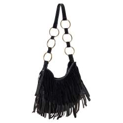 Pre Owned Saint Laurent Black Fringed Suede  and Leather La Boheme Hobo