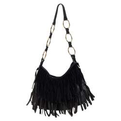 Pre Owned Saint Laurent Black Fringed Suede  and Leather La Boheme Hobo