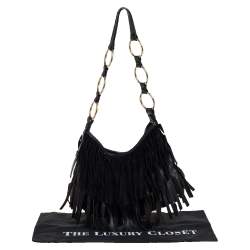 Pre Owned Saint Laurent Black Fringed Suede  and Leather La Boheme Hobo