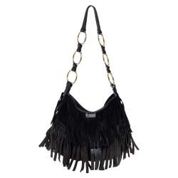 Pre Owned Saint Laurent Black Fringed Suede  and Leather La Boheme Hobo