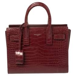 Pre Owned Saint Laurent Burgundy Croc Embossed Leather Nano Classic Sac De Jour Tote