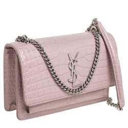 Pre Owned Saint Laurent Powder Pink Croc Embossed Leather Sunset Wallet On Chain