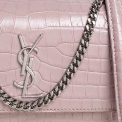 Pre Owned Saint Laurent Powder Pink Croc Embossed Leather Sunset Wallet On Chain