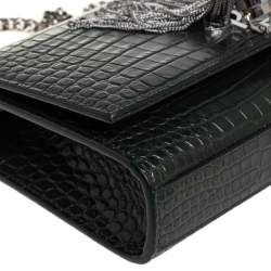 Pre Owned Saint Laurent Green Croc Embossed Leather Small Kate Tassel Crossbody Bag
