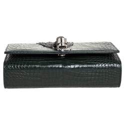 Pre Owned Saint Laurent Green Croc Embossed Leather Small Kate Tassel Crossbody Bag