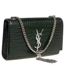 Pre Owned Saint Laurent Green Croc Embossed Leather Small Kate Tassel Crossbody Bag