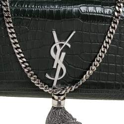 Pre Owned Saint Laurent Green Croc Embossed Leather Small Kate Tassel Crossbody Bag