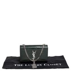 Pre Owned Saint Laurent Green Croc Embossed Leather Small Kate Tassel Crossbody Bag