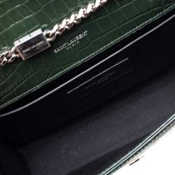 Pre Owned Saint Laurent Green Croc Embossed Leather Small Kate Tassel Crossbody Bag