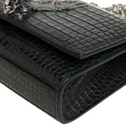 Pre Owned Saint Laurent Green Croc Embossed Leather Small Kate Tassel Crossbody Bag
