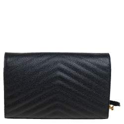 Pre Owned Saint Laurent Black Matelasse Leather Monogram Envelope Wallet on Chain