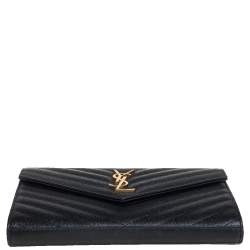 Pre Owned Saint Laurent Black Matelasse Leather Monogram Envelope Wallet on Chain