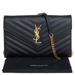 Pre Owned Saint Laurent Black Matelasse Leather Monogram Envelope Wallet on Chain