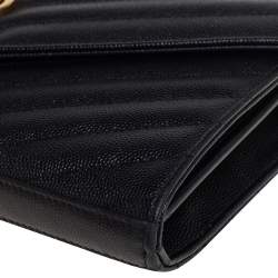 Pre Owned Saint Laurent Black Matelasse Leather Monogram Envelope Wallet on Chain