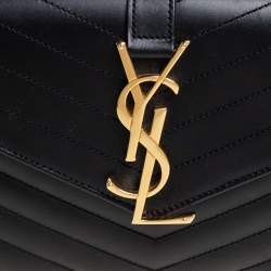 Pre Owned Saint Laurent Black Matelassé Leather Monogram Envelope Clutch