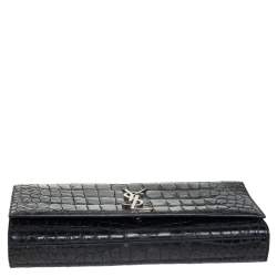 Pre Owned Saint Laurent Black Croc Embossed Leather Kate Monogram Clutch