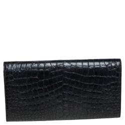 Pre Owned Saint Laurent Black Croc Embossed Leather Kate Monogram Clutch