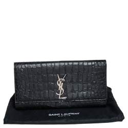 Pre Owned Saint Laurent Black Croc Embossed Leather Kate Monogram Clutch