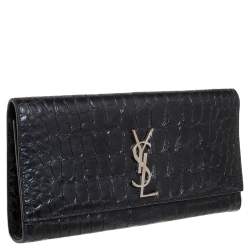 Pre Owned Saint Laurent Black Croc Embossed Leather Kate Monogram Clutch