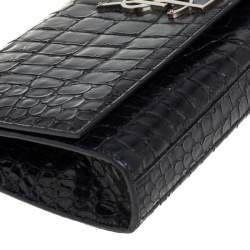 Pre Owned Saint Laurent Black Croc Embossed Leather Kate Monogram Clutch
