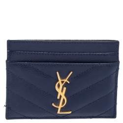 مملوكة مسبقًا Saint Laurent Blue Matelassé Leather Monogram Card Holder