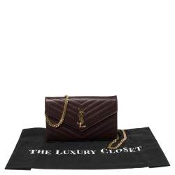 Pre Owned Saint Laurent Burgundy Matelassé Leather Monogram Envelope Wallet on Chain