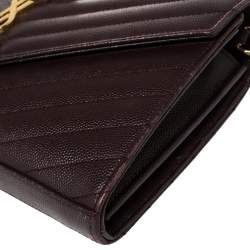 Pre Owned Saint Laurent Burgundy Matelassé Leather Monogram Envelope Wallet on Chain