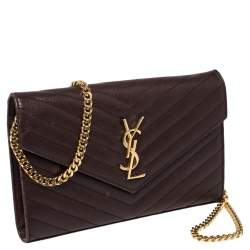 Pre Owned Saint Laurent Burgundy Matelassé Leather Monogram Envelope Wallet on Chain