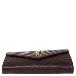 Pre Owned Saint Laurent Burgundy Matelassé Leather Monogram Envelope Wallet on Chain